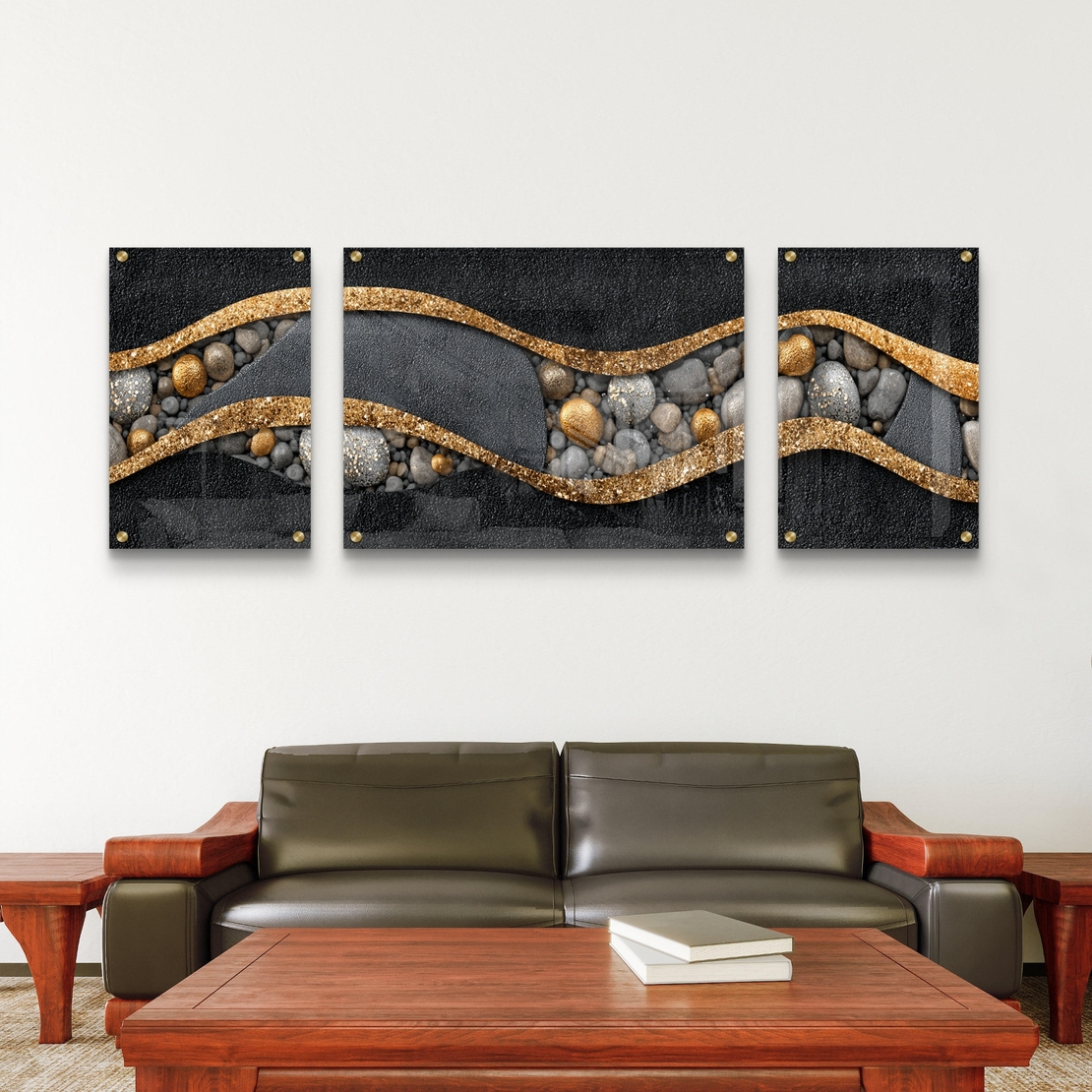 תמונת זכוכית מחולקת טריפטיכון בגווני שחור, אפור וזהב עם קווים זורמים ואבנים – תכשיט לבית