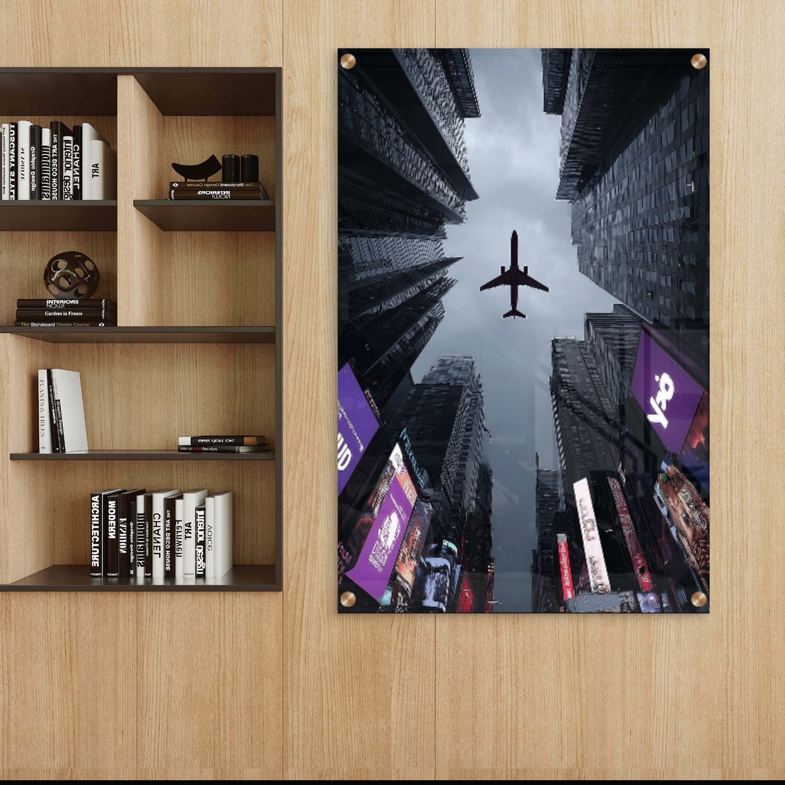 תמונת זכוכית של מטוס חולף מעל גורדי שחקים במראה אורבני דרמטי – NEXTGEN BY BAR