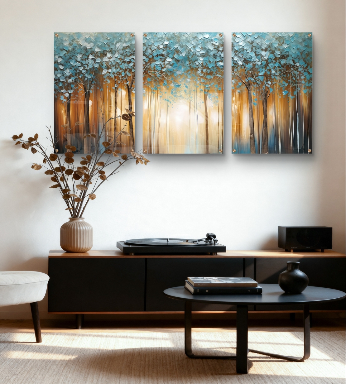 שלשת תמונות זכוכית יער אור בכחול וזהב – דגם GG5474