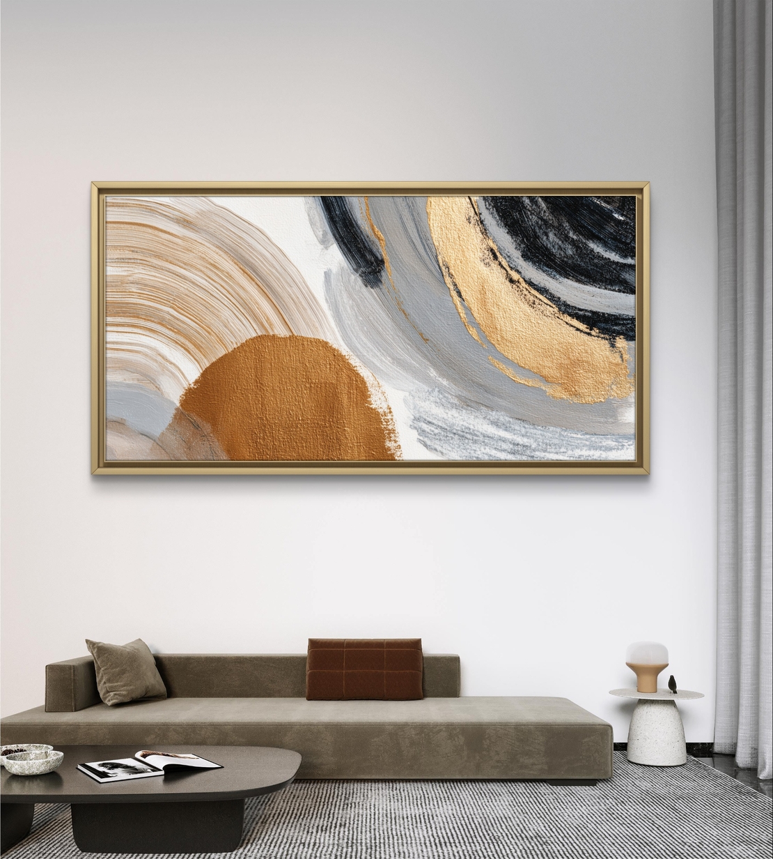 תמונת קנבס מופשטת לרוחב בגווני שחור, אפור וזהב – תכשיט לבית