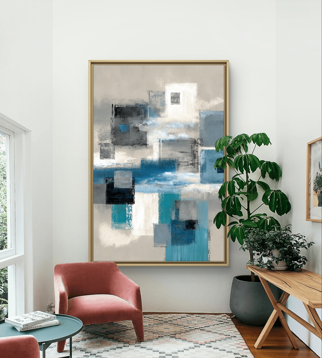 בלוקים כחולים – תמונת קנבס אבסטרקט גיאומטרית בכחול, אפור ולבן | CR6544