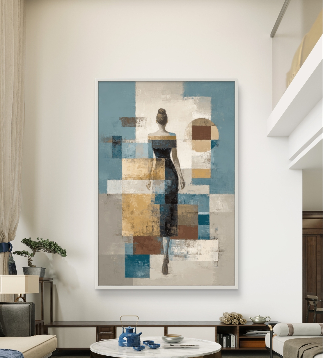 תמונת קנבס של דמות נשית מאחור בסגנון אבסטרקט גאומטרי בגוונים רגועים