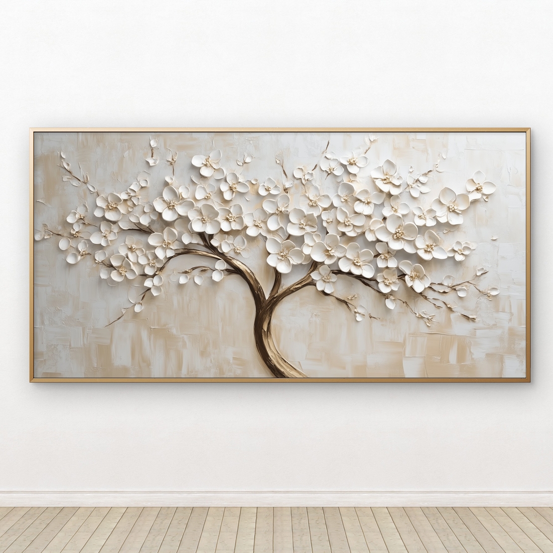 תמונת קנבס של עץ פורח בגווני בז’ ולבן עם הדפסה חלקה ואיכותית – מתוך קולקציית NEXTGEN BY BAR של תכשיט לבית.