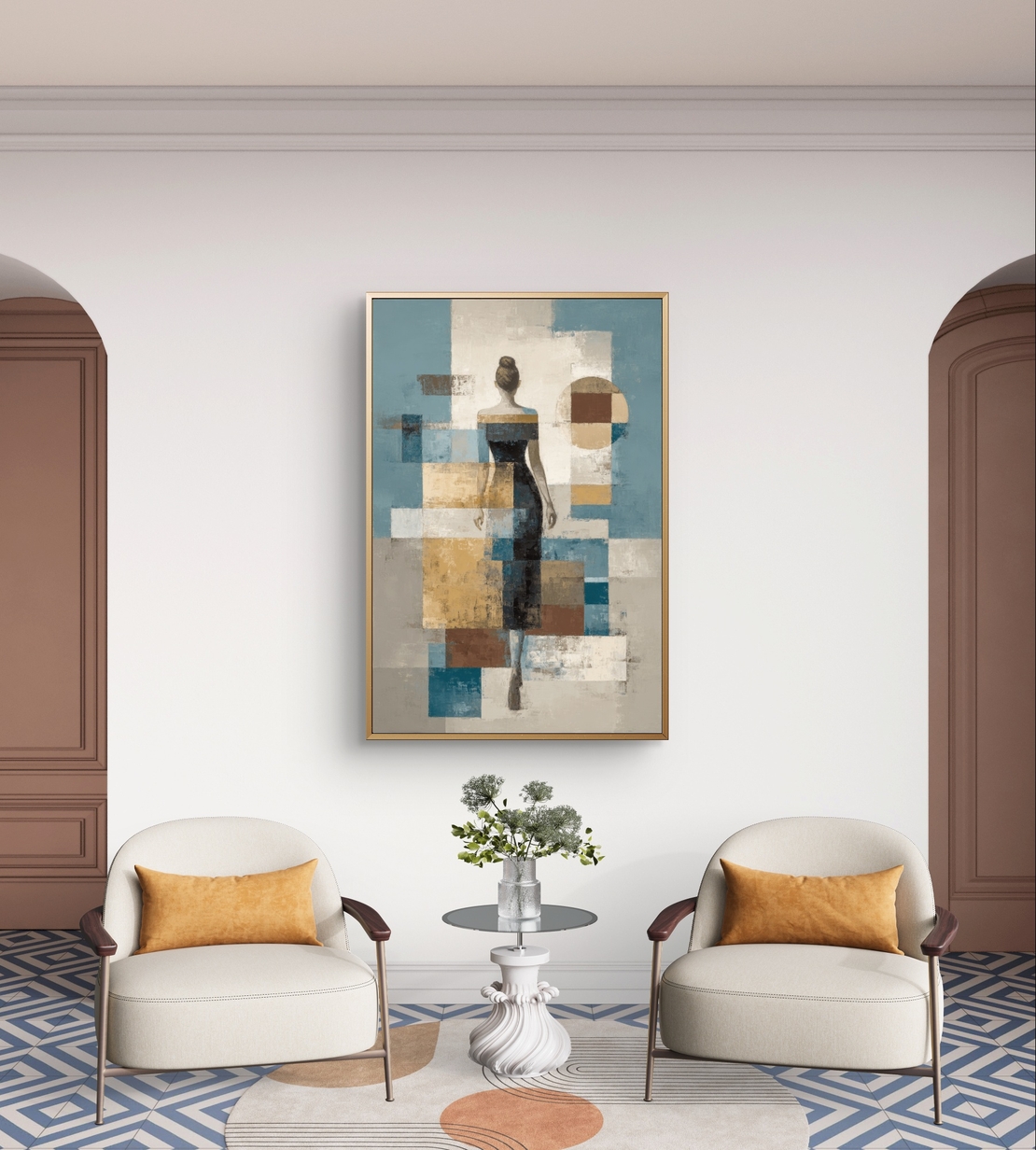 תמונת קנבס של דמות נשית מאחור בסגנון אבסטרקט גאומטרי בגוונים רגועים