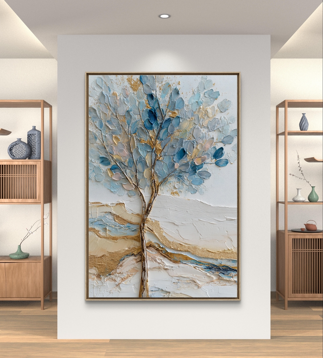 עץ התכלת – תמונת קנבס עץ עדין בגווני תכלת וזהב | CT2224