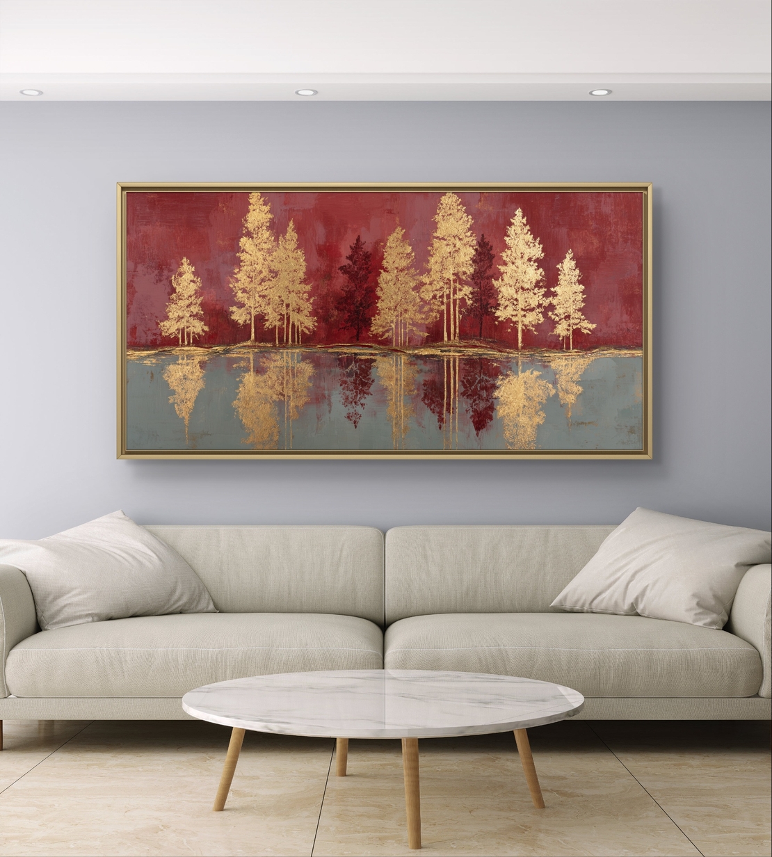 יער הזהב האדום – תמונת קנבס עצי זהב על רקע בורדו | CY4511
