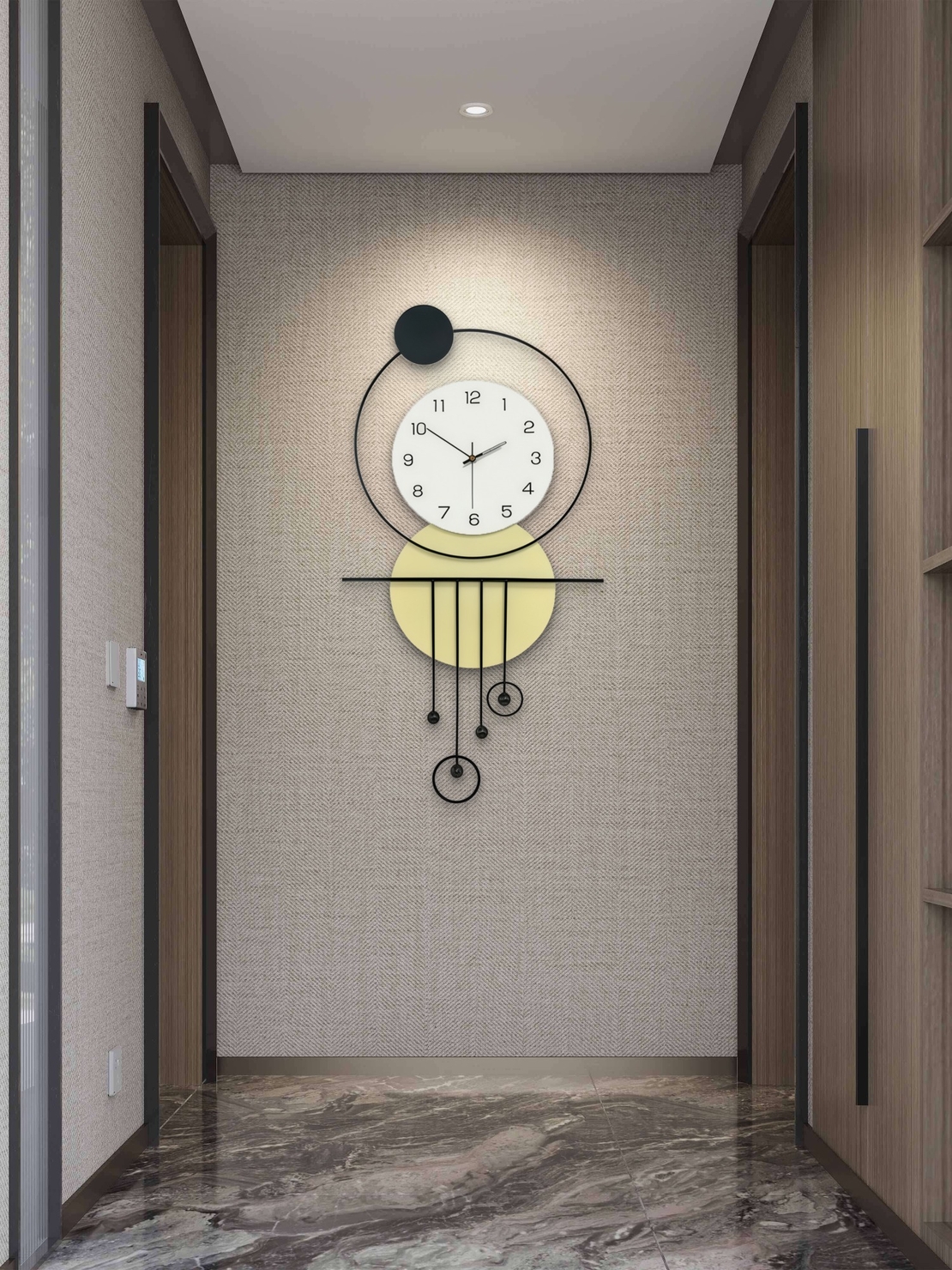 שעון קיר מעוצב בסגנון מודרני עם צורות גאומטריות, מסגרת עגולה, מטוטלות דקורטיביות וגימור אלגנטי בגווני שחור, לבן וזהב, תלוי על קיר בהיר.