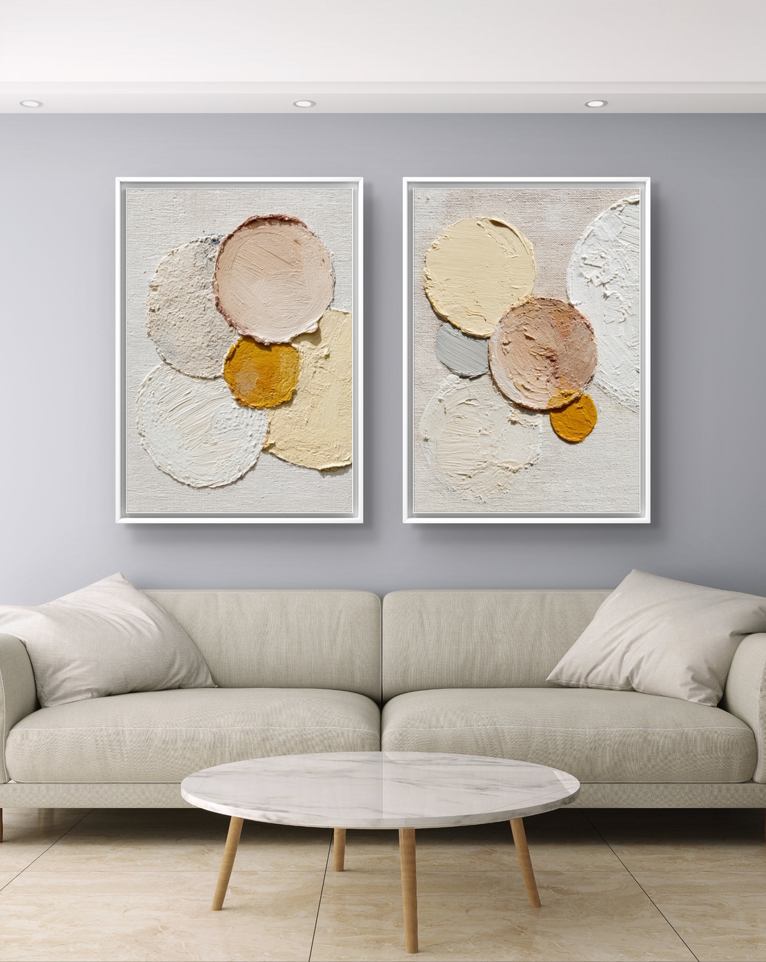 זוג תמונות קנבס עם קומפוזיציית עיגולים בגווני שמנת, בז’ וחרדל, בהדפסה חלקה ללא תבליט, מקולקציית תכשיט לבית.