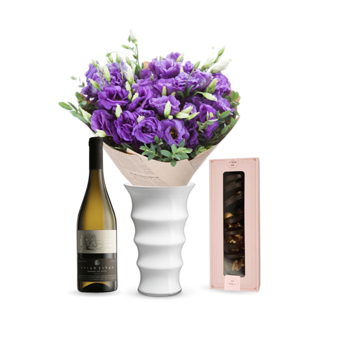 Bouquet of purple lisianthus + Perly Chocolate Medallions + Wine