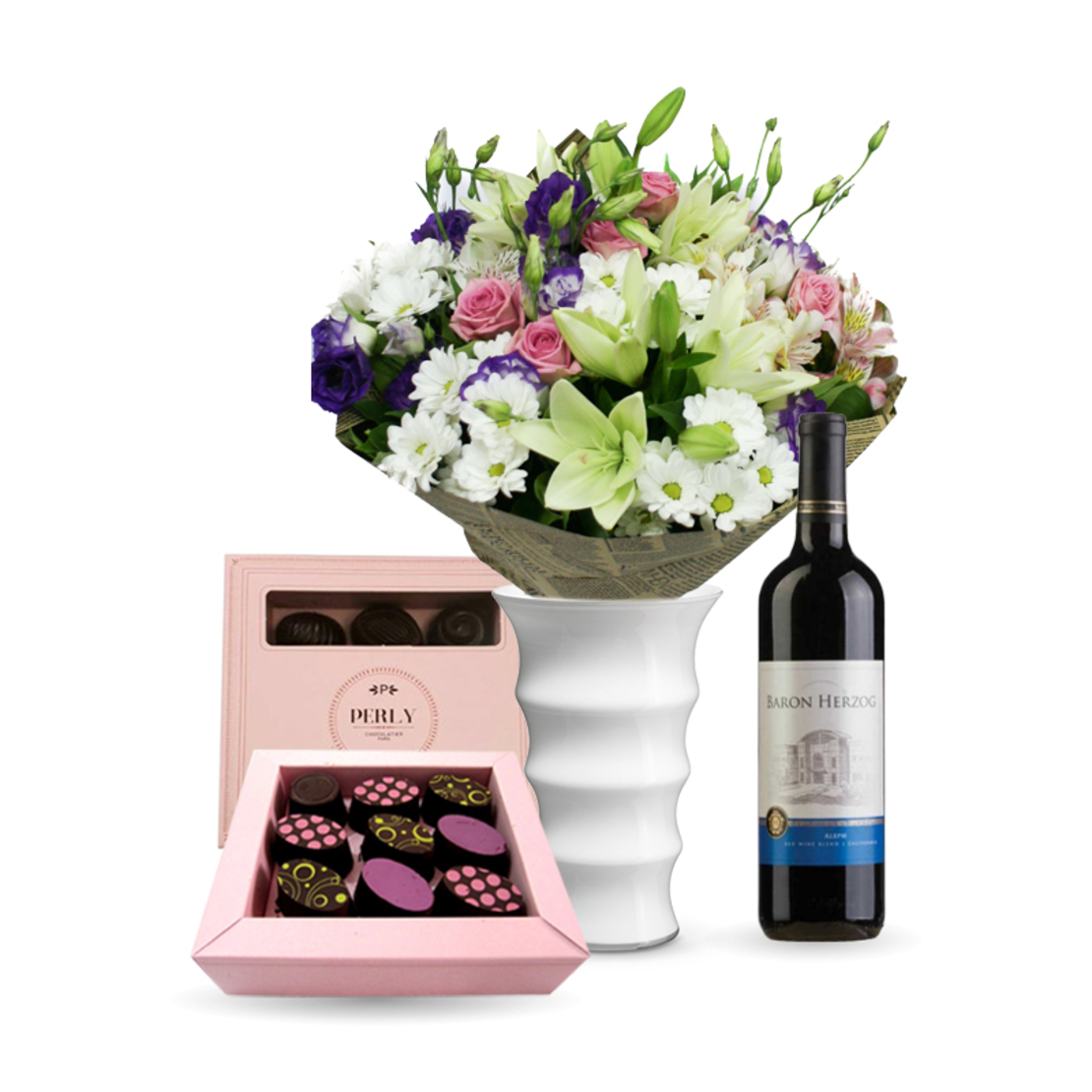 Anastasia flower arrangement + Perly chocolate + Wine