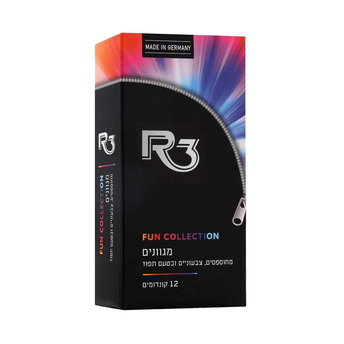 R3 FUN COLLECTION - קונדומים מגוונים מחוספסים, צבעוניים ובטעם תפוז (12 קונדומים)