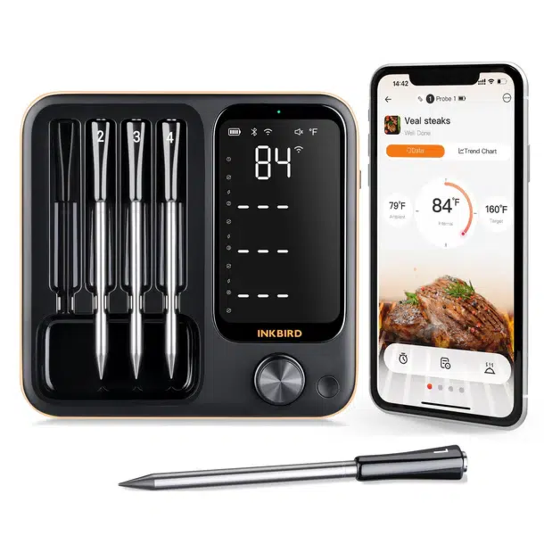 מדחום אלחוטי INKBIRD INT-14-BW עם 4 פרובים – WiFi + Bluetooth לגריל, מעשנה וטאבון