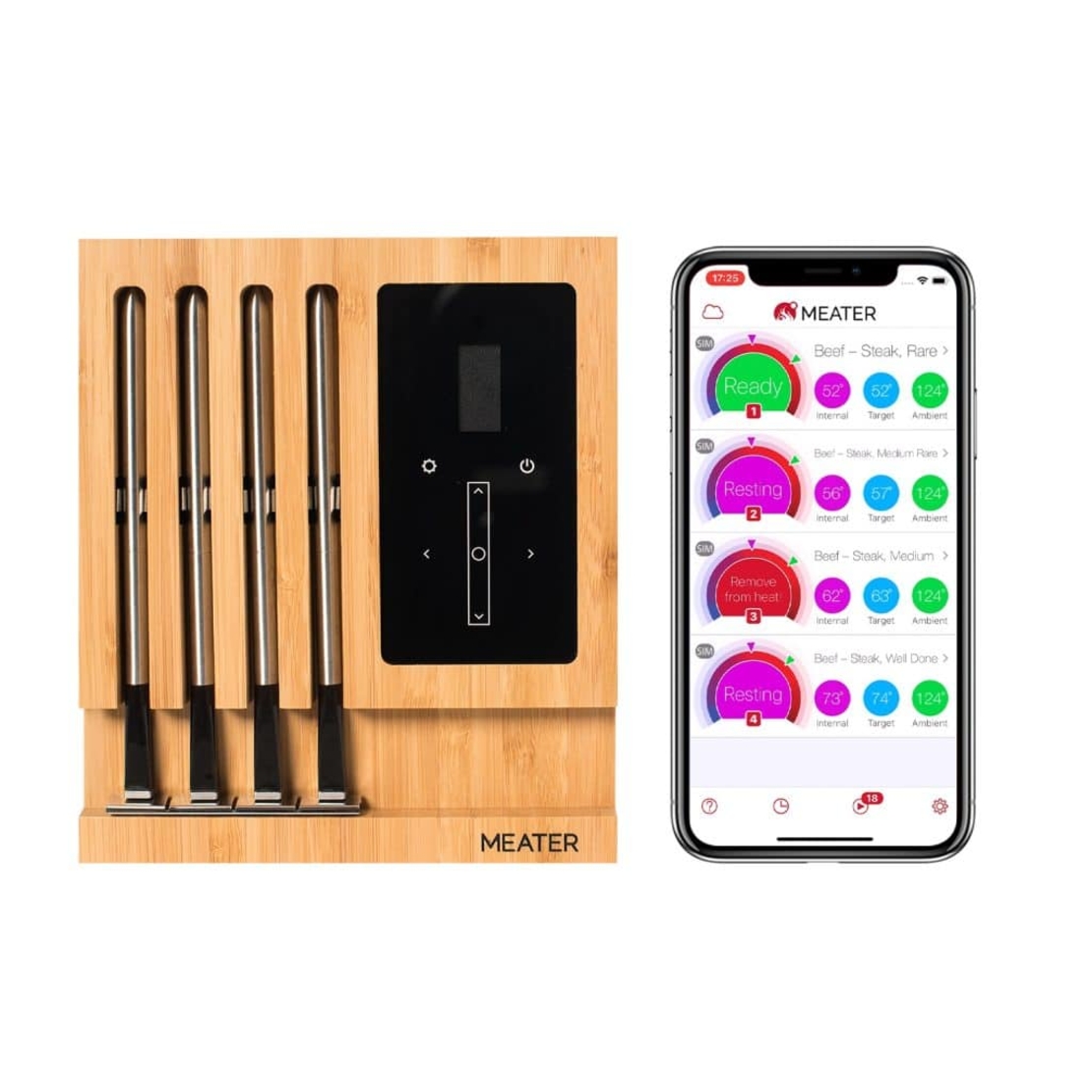 מדחום אלחוטי MEATER BLOCK – 4 פרובים חכמים עם Wi-Fi ו-Bluetooth לגריל, מעשנה וטאבון