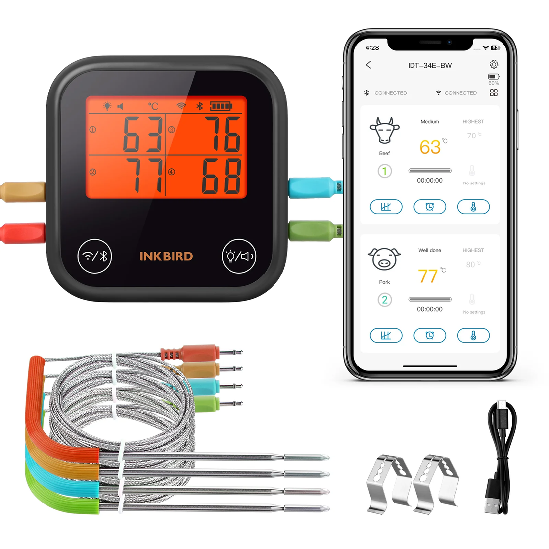 מד חום Bluetooth INKBIRD IBT-4XS – מדחום דיגיטלי עם 4 רגשים לגריל, מעשנה וטאבון