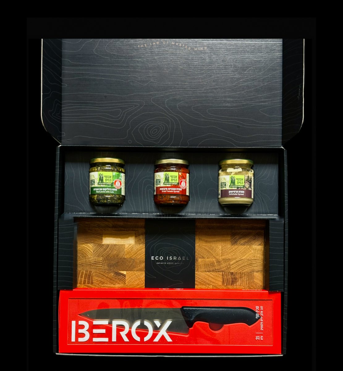 מארז לחג – בוצ'ר עץ אלון + סכין שף Berox