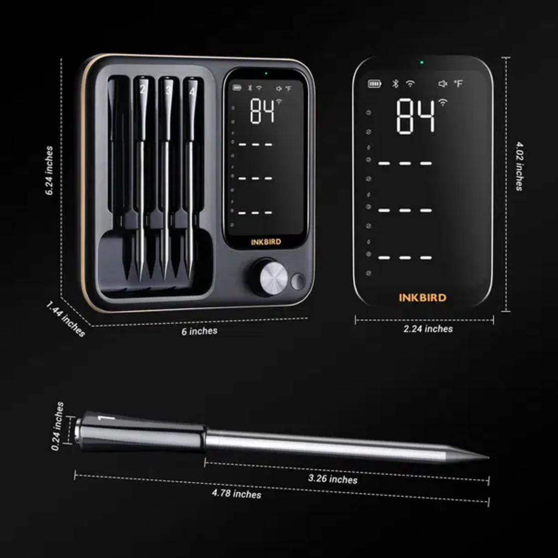 מדחום אלחוטי INKBIRD INT-14-BW עם 4 פרובים – WiFi + Bluetooth לגריל, מעשנה וטאבון