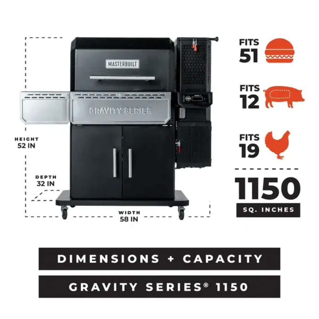 🔥 Masterbuilt Gravity Series 1150 – גריל פחמים ומעשנה דיגיטלית גדולה עם GravityFed™ ו־DigitalFan™