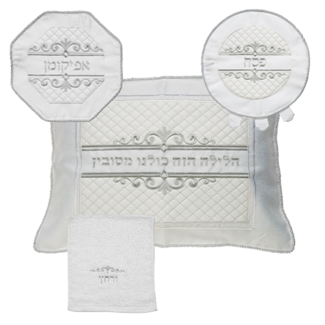 3 סט פסח ברוקט 4 חלקים הכולל כרית הסבה, כיסוי פסח, אפיקומן ומגבת