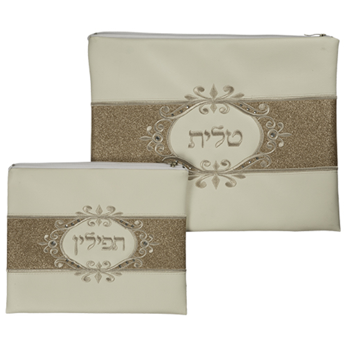סט טלית תפילין מהודר דמוי עור לבן משובץ אבנים עם נצנצים בגוון נחושת במרכז 30X37 ס'מ