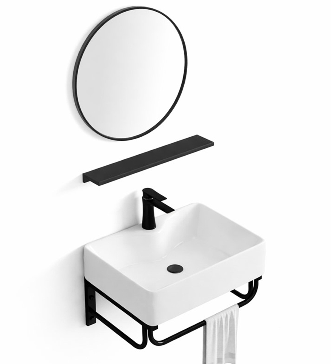 סט כיור תלוי ברצלונה כולל מראה שחורה ומדף תליה תואם כיור 30*40 דגם 1289