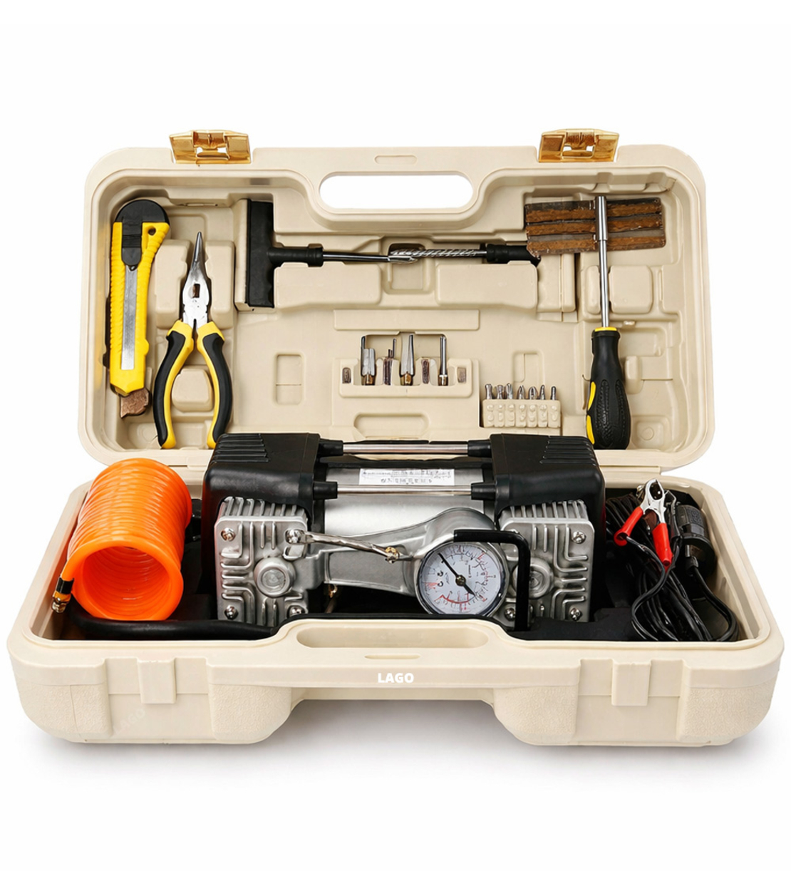 קומפרסור אוויר V12 עם מתאם למצת ולמצבר ואביזרים נוספים