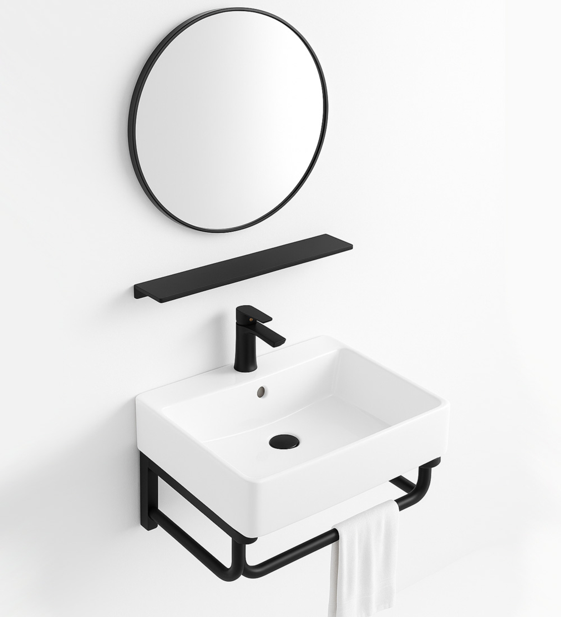 סט כיור תלוי ברצלונה כולל מראה שחורה ומדף תליה תואם כיור 30*40 דגם 1289