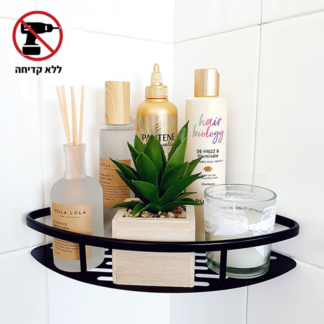 מדף פינתי בהדבקה שחור איכותי - ללא קדיחה