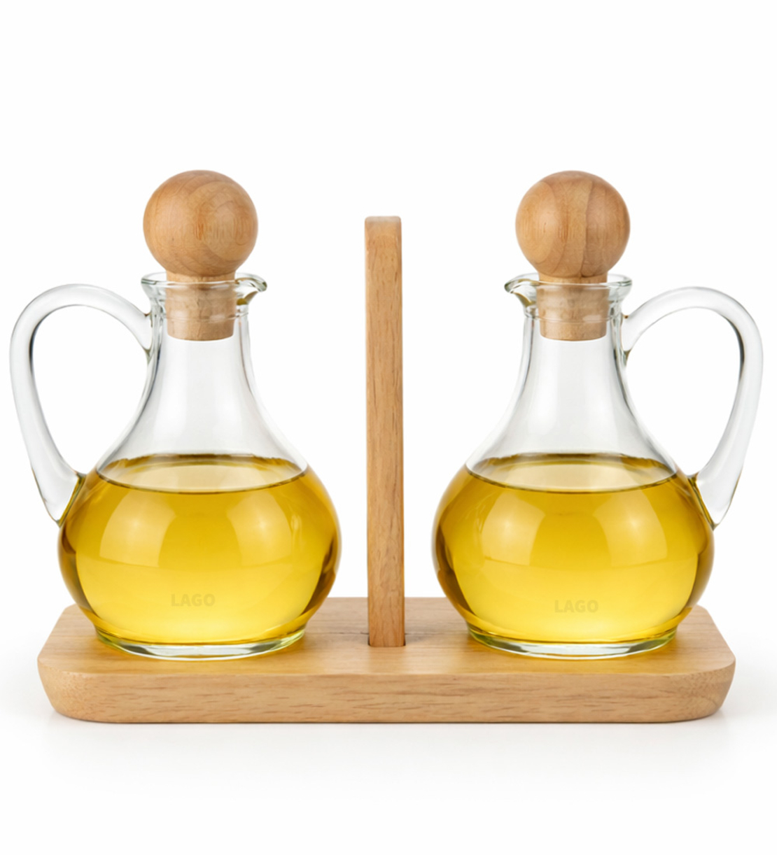 סט 2 יח' כדי שמן מזכוכית עם מעמד עץ טבעי
