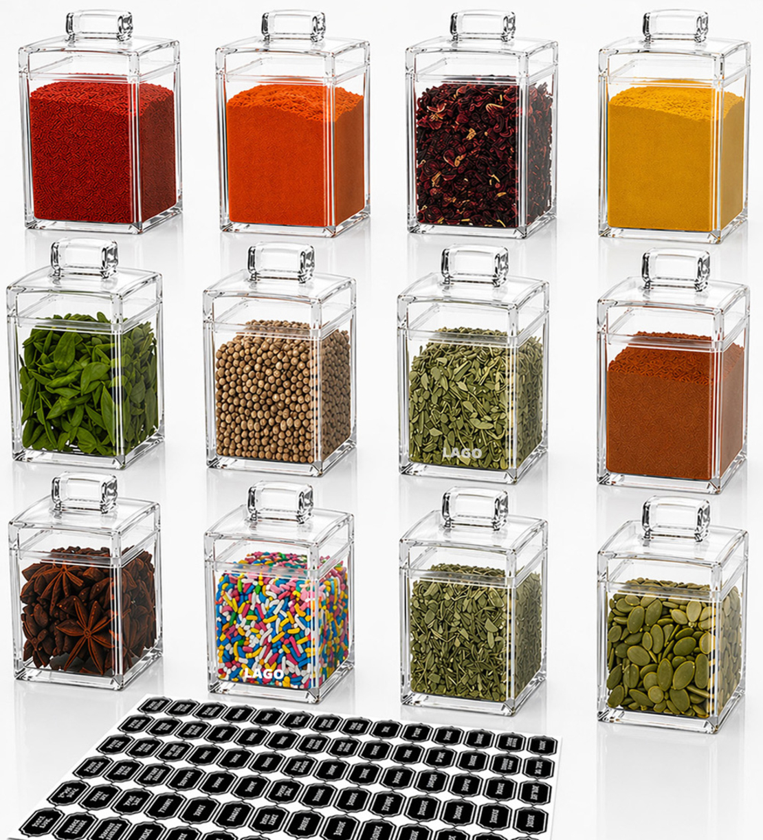 סט צנצנות אקריל 700 מיל כולל בונוס 78 מדבקות לתבלינים בעברית מכסה עם ידית