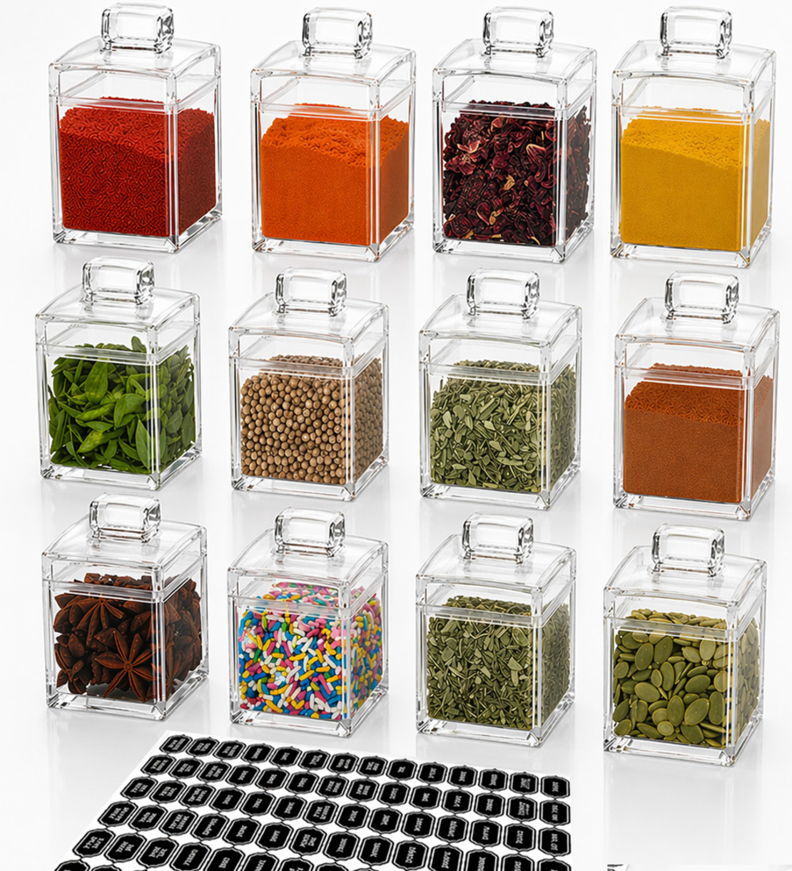 סט צנצנות אקריל 450 מיל כולל בונוס 78 מדבקות לתבלינים בעברית מכסה עם ידית