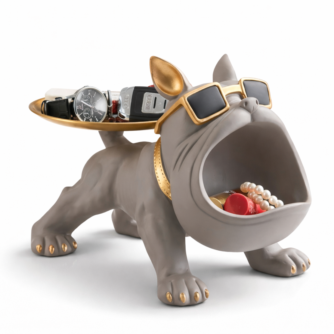 בולדוג מקרמיקה דקורטיבי עם מגש אפור