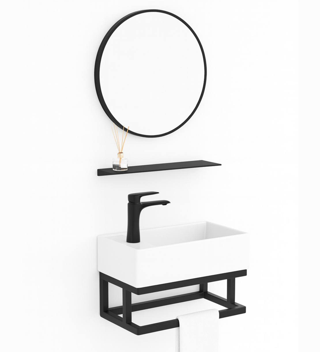 סט כיור תלוי ברלין כולל מראה שחורה ומדף תליה תואם כיור 24*42 דגם 1290