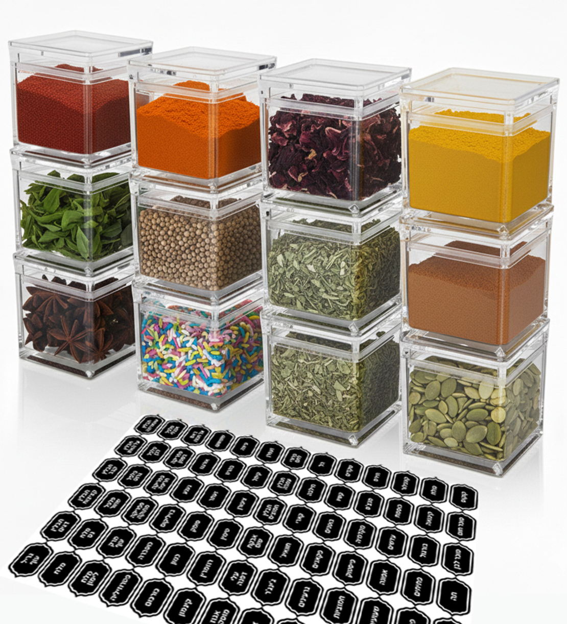 סט צנצנות אקריל 300 מיל כולל בונוס 78 מדבקות לתבלינים בעברית