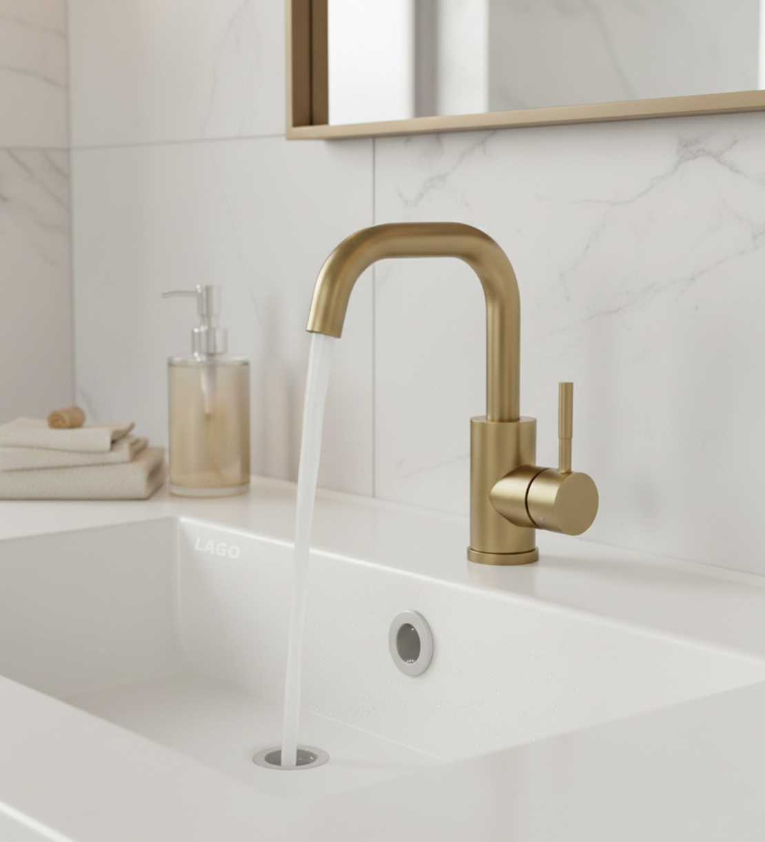 ברז לכיור פרח יוקרתי בגימור זהב מוברש – עמיד, שקט ומעוצב דגם לונדון