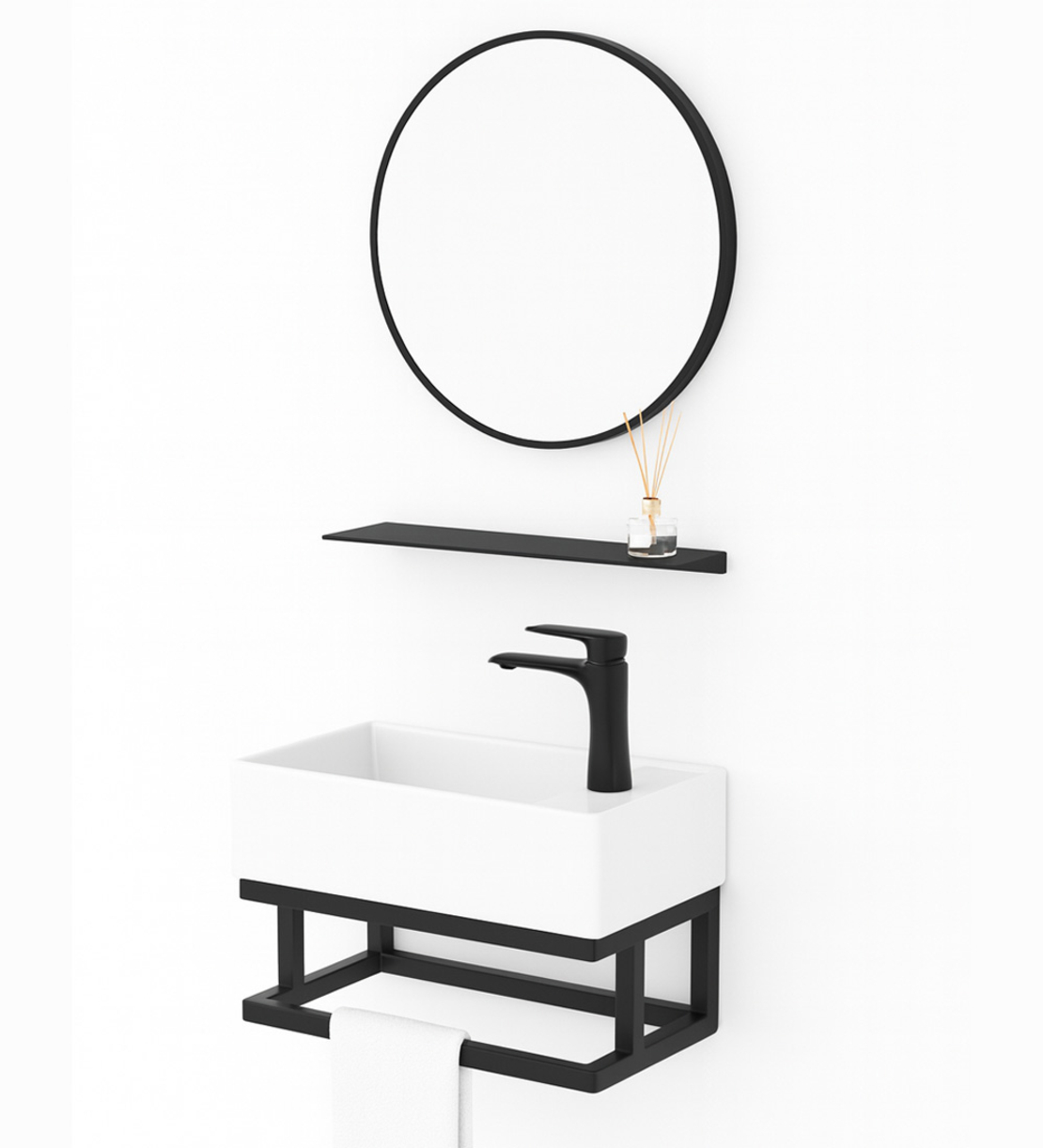 סט כיור תלוי ברלין כולל מראה שחורה ומדף תליה תואם כיור 24*42 דגם 1290