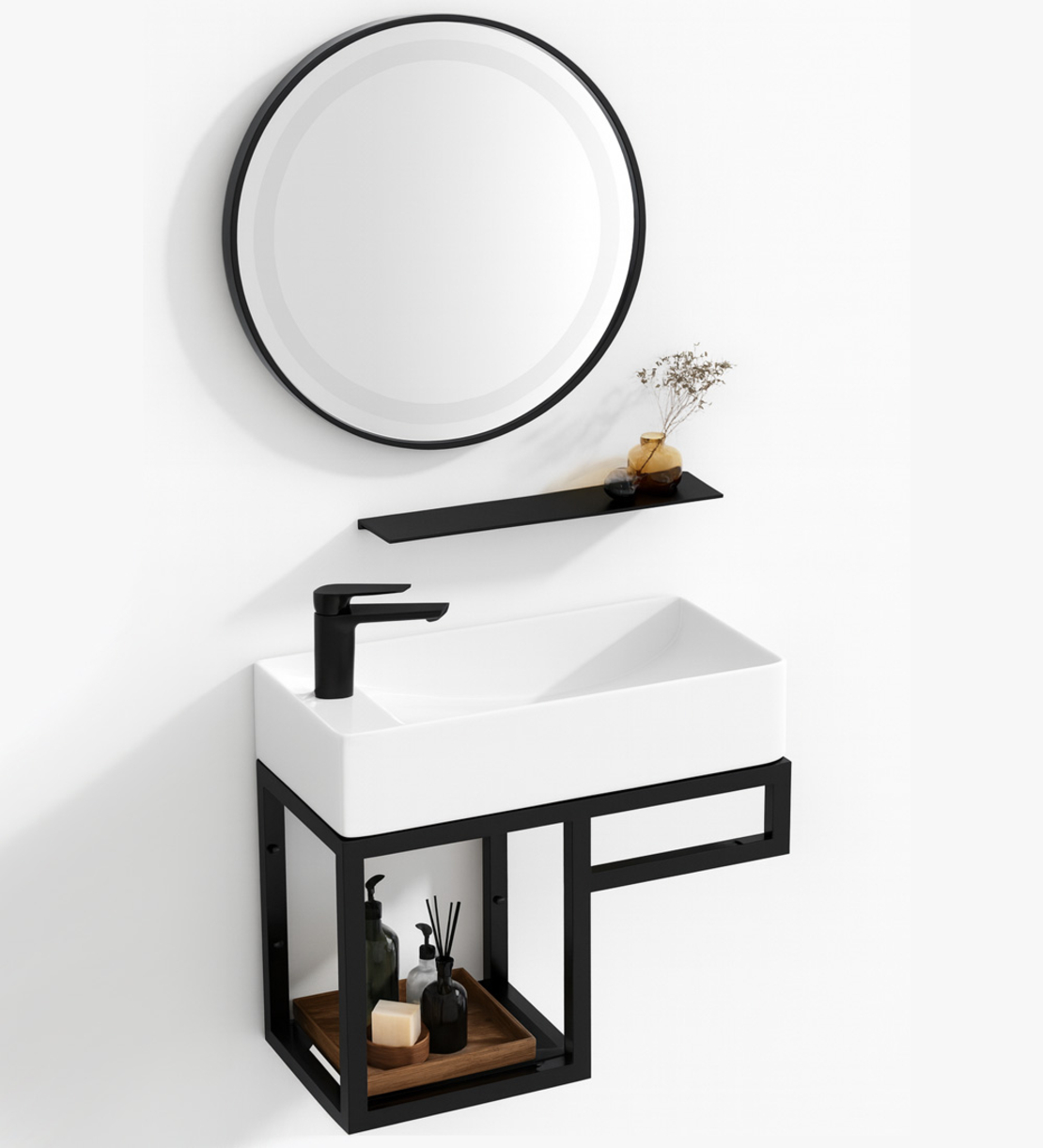 סט כיור תלוי רומא כולל מראה שחורה ומדף תליה תואם כיור 22*44 דגם 1287