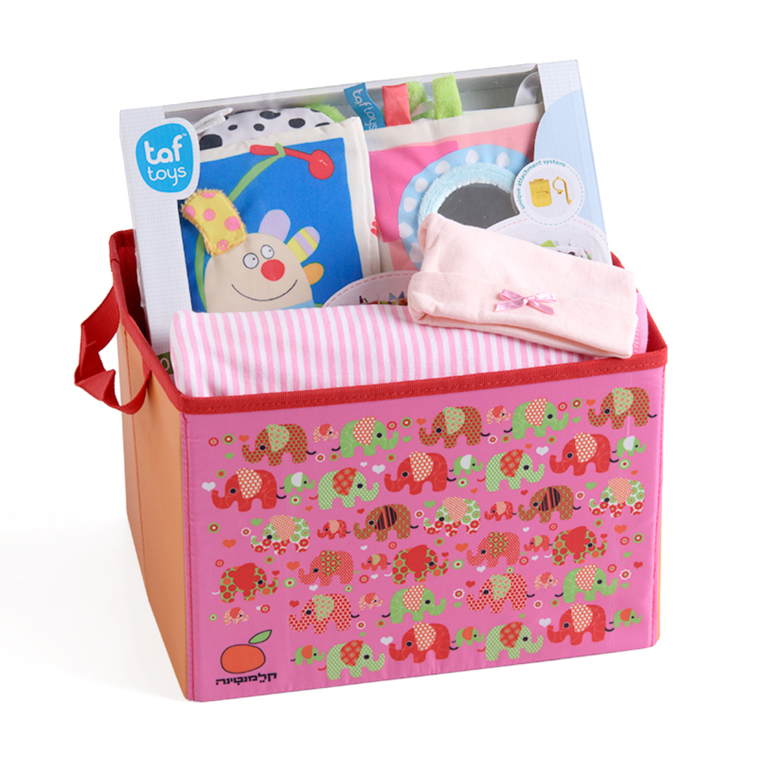 13# - התרגשות בלב לבת : חבילת לידה מרגשת ובה שמיכה, ספר בד וכובע בקופסת צעצועים