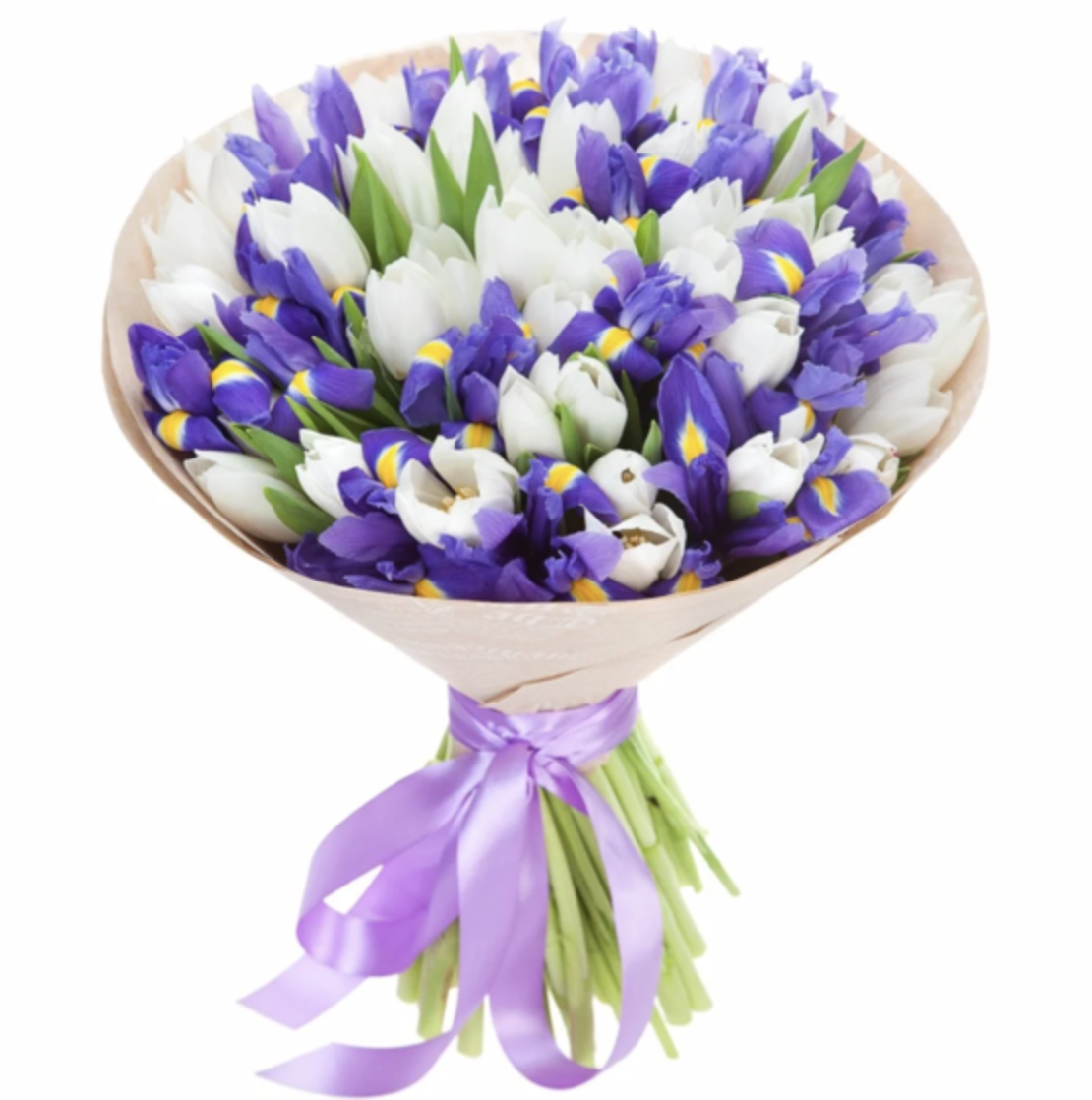 A bouquet of irises and a white tulip