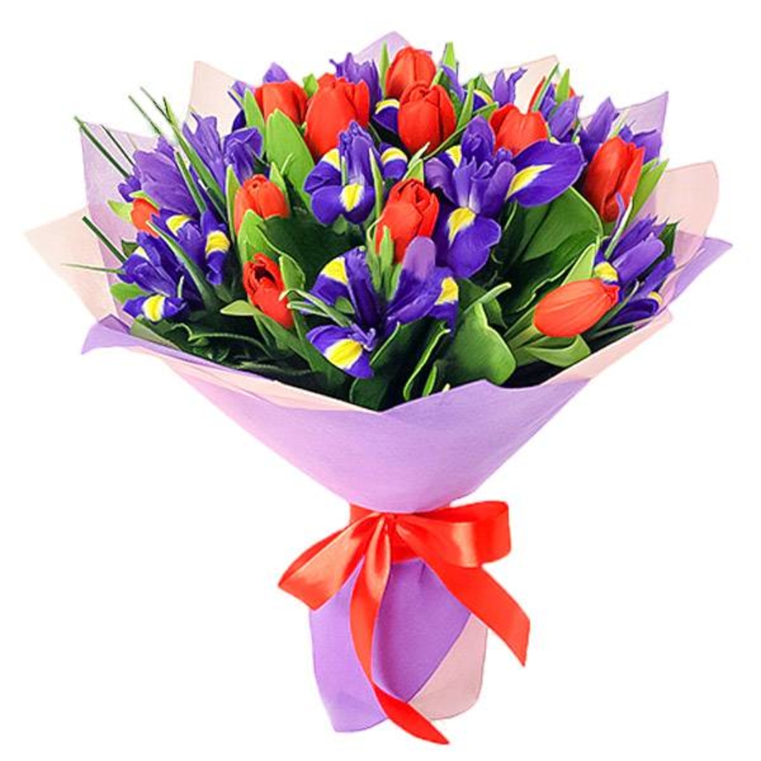 Bouquet of red tulips and iris