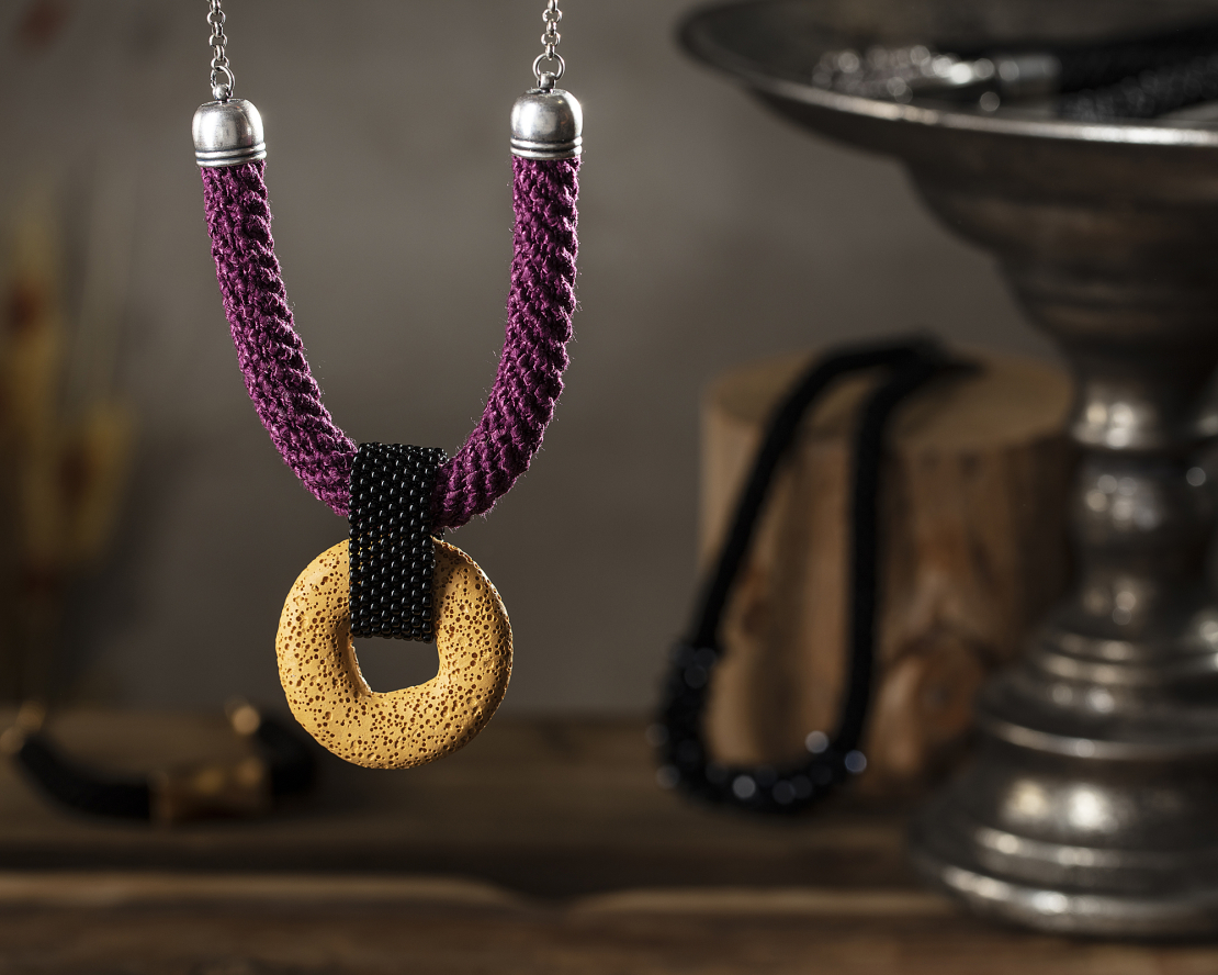 Purple & Mustard Lava Pendant Necklace - Shalva