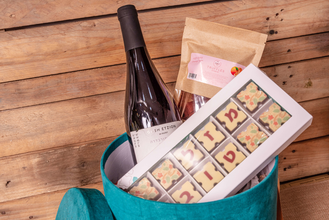 Box with chocolate and wine