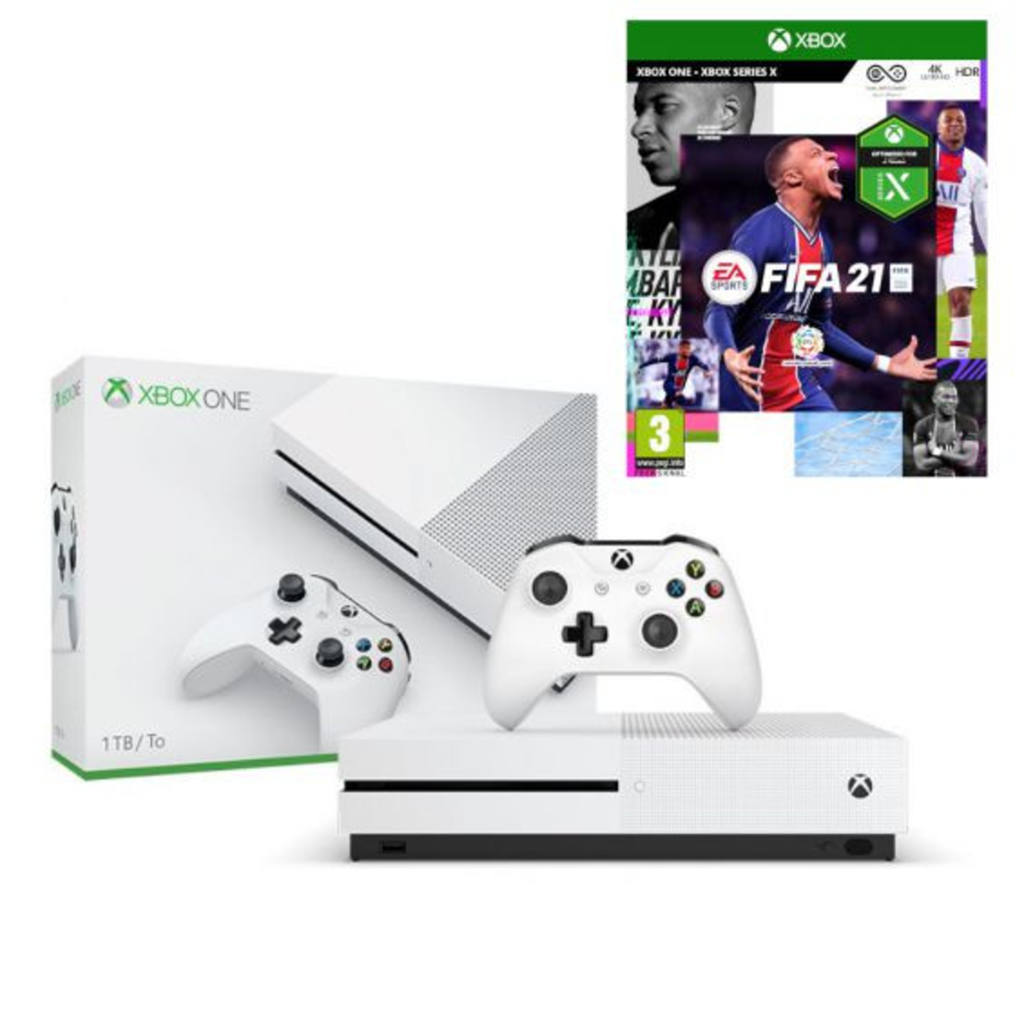 קונסולת Microsoft Xbox One S 1TB עם משחק FIFA 21 - צבע לבן שנה אחריות ע