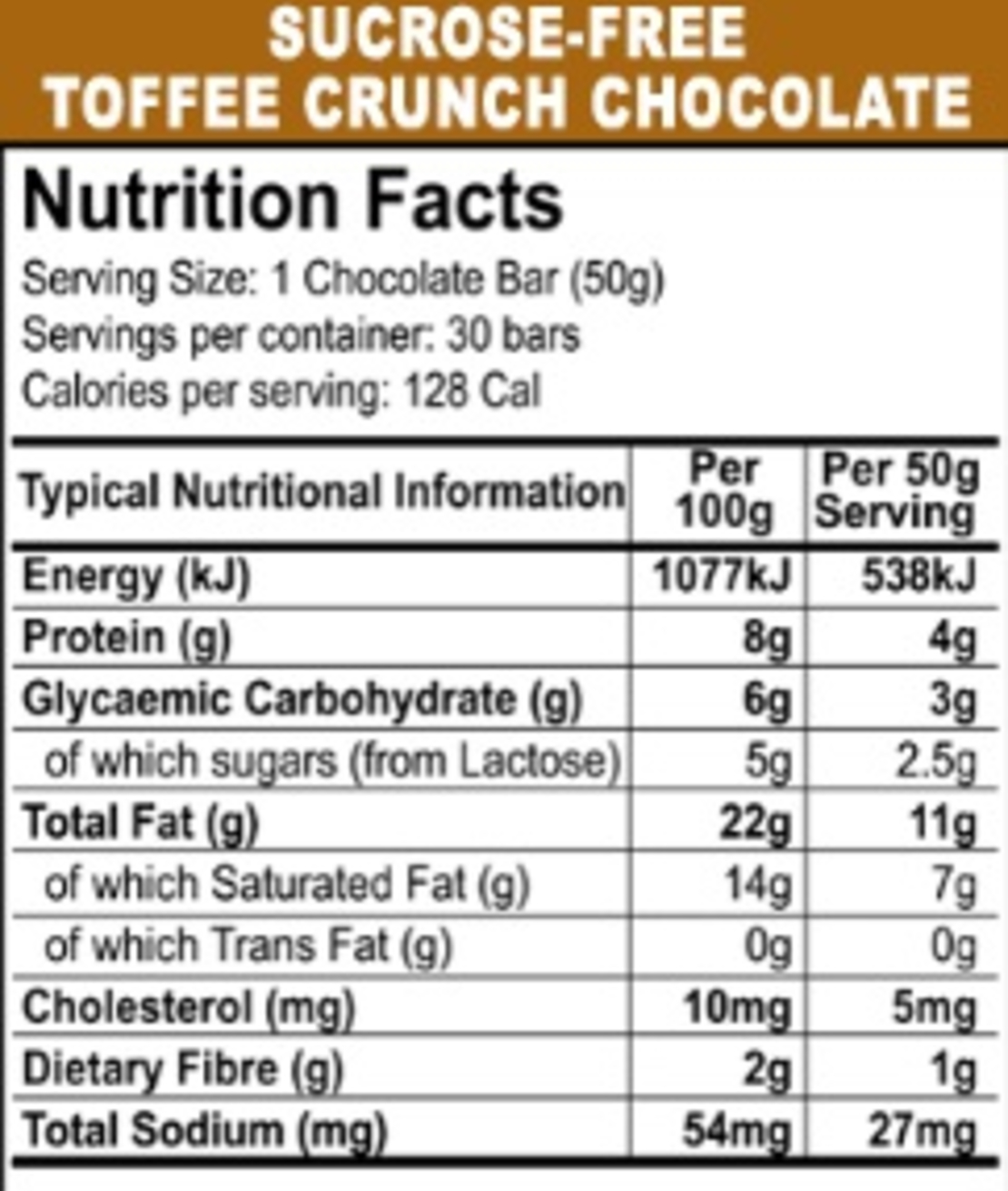  Sugar Free 30% Milk Chocolate with Toffee Crunch 50g 