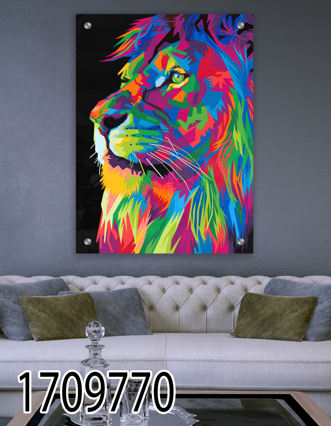 תמונה מעוצבת של אריה צבעוני מודפסת על זכוכית דגם 1709770