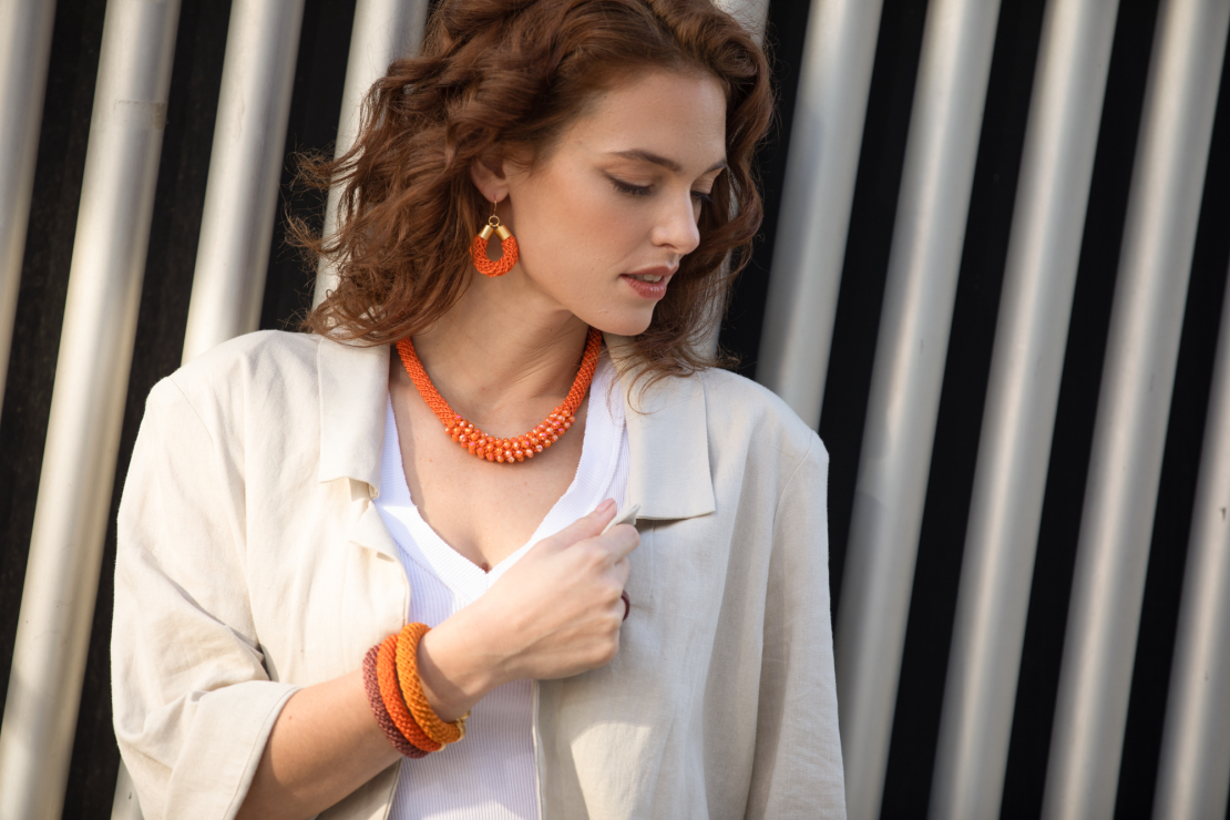 Set - Necklace, Bracelets, Earrings - orange