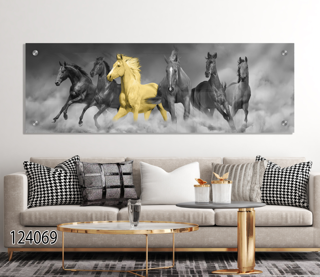 תמונת זכוכית פנורמית סוסים בעיצוב מיוחד לחדר השינה או לסלון דגם 124069