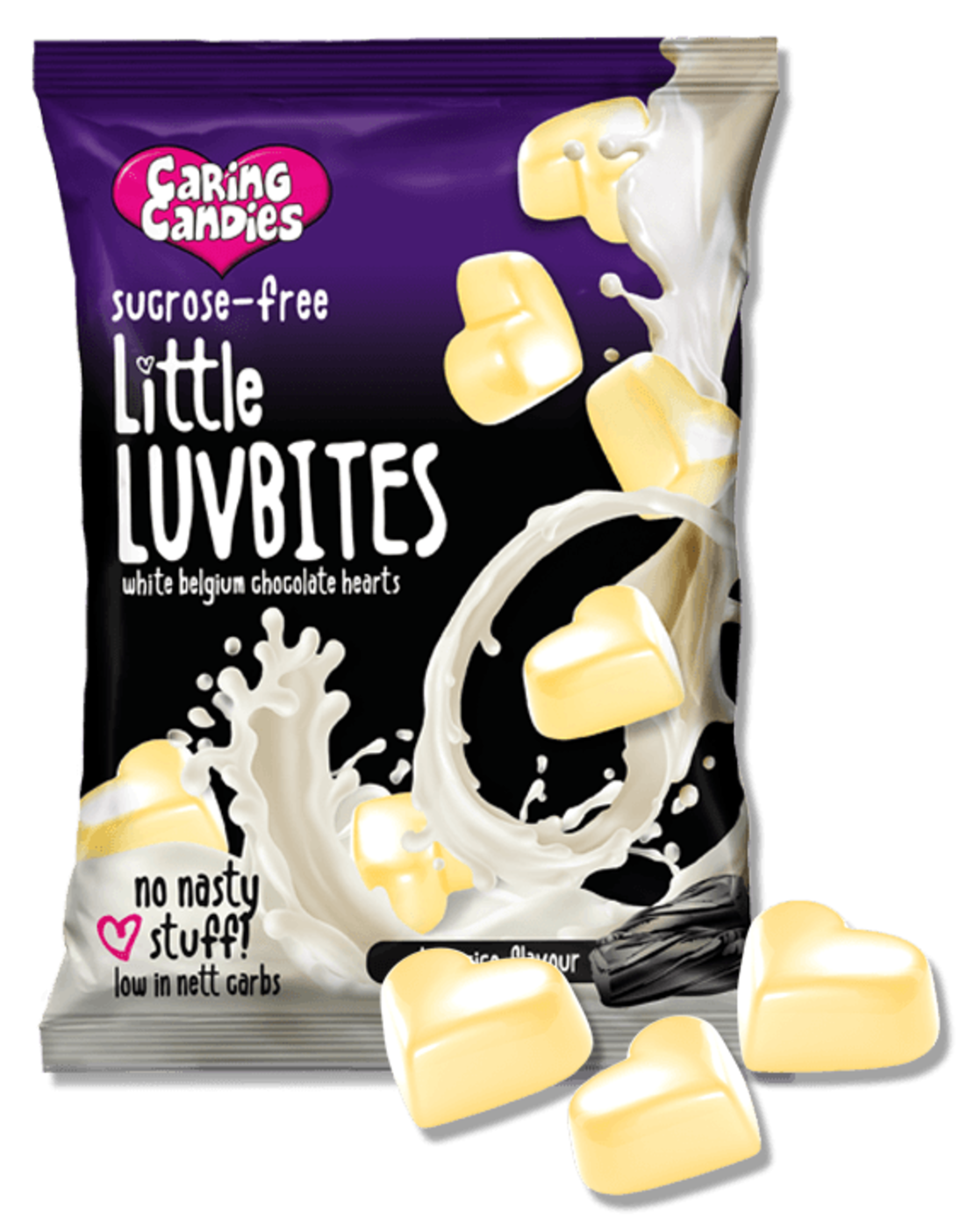 Little Luvbites Sucrose Free White Belgium Chocolate Hearts Liquorice Flavour - 100 gr 