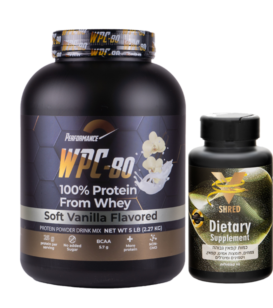 אבקת חלבון הטובה בעולם | אבקת חלבון  WPC-80 PERFORMANCE + שורף שומן חזק במיוחד V SHRED כשר בדץ 90 קפסולות