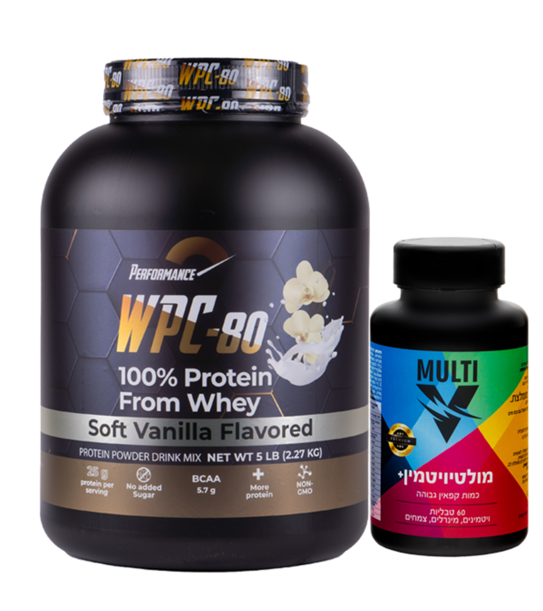 אבקת חלבון הטובה בעולם | אבקת חלבון WPC-80 PERFORMANCE + מולטי ויטמין וי לאבס 60 כמוסות