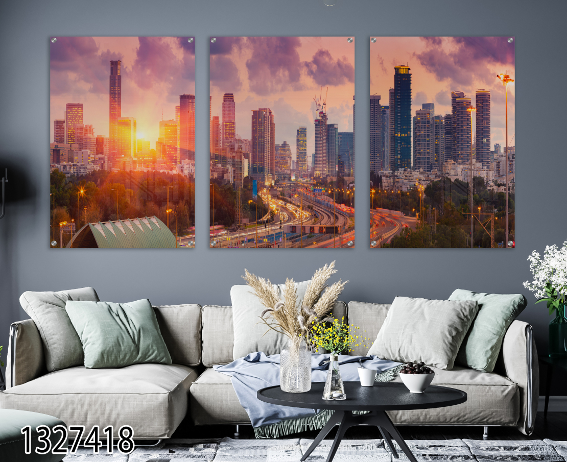 שלישיית תמונות לסלון מודפסות על זכוכית דגם 1327418-נוף ישראלי-תל אביב